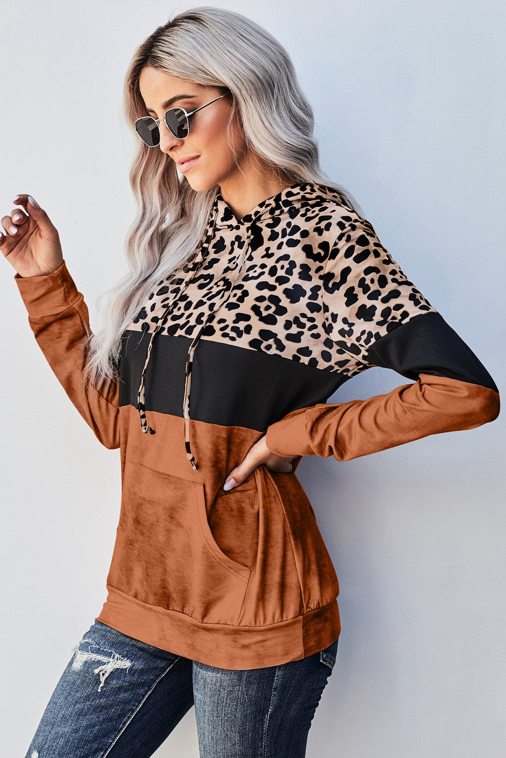 Leopard Color Block Hoodie Trendsi