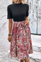 Printed Short Sleeve Belted Dress Trendsi