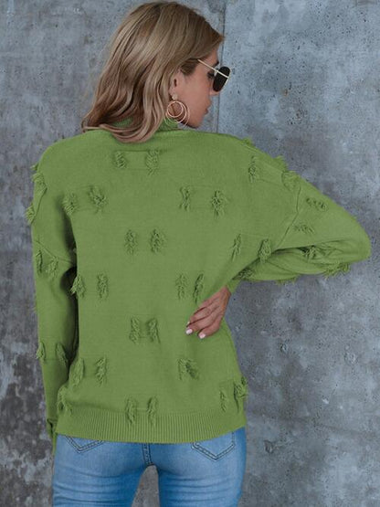 Fringe Detail Long Sleeve Mock Neck Sweater Trendsi