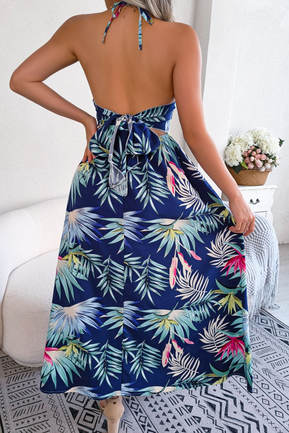 Botanical Print Tied Backless Cutout Slit Dress Trendsi