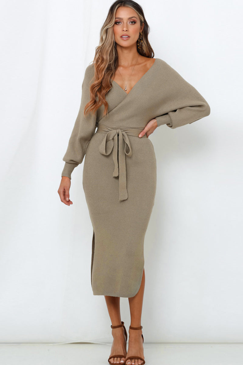 Surplice Neck Bow Waist Slit Sweater Dress Trendsi