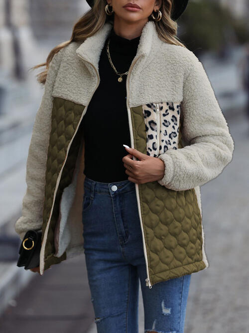 Leopard Color Block Zip-Up Jacket Trendsi