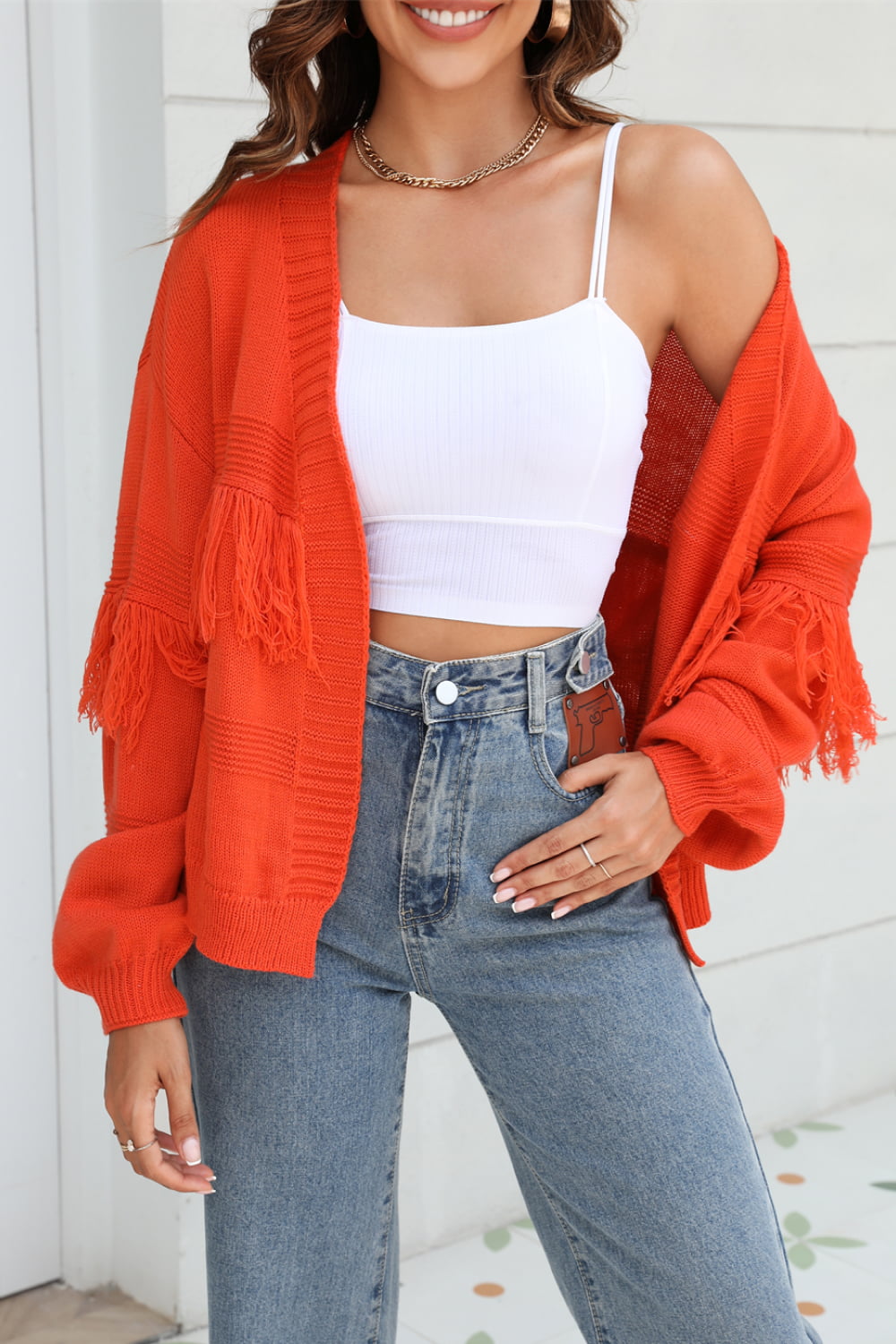 Double Take Fringe Trim Open Front Cardigan Trendsi