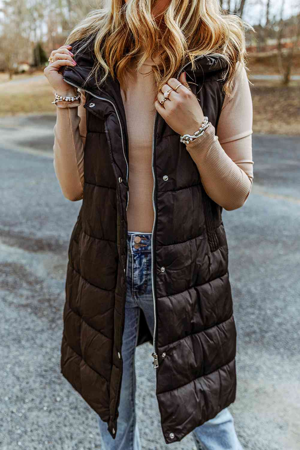 Longline Hooded Sleeveless Puffer Vest Trendsi