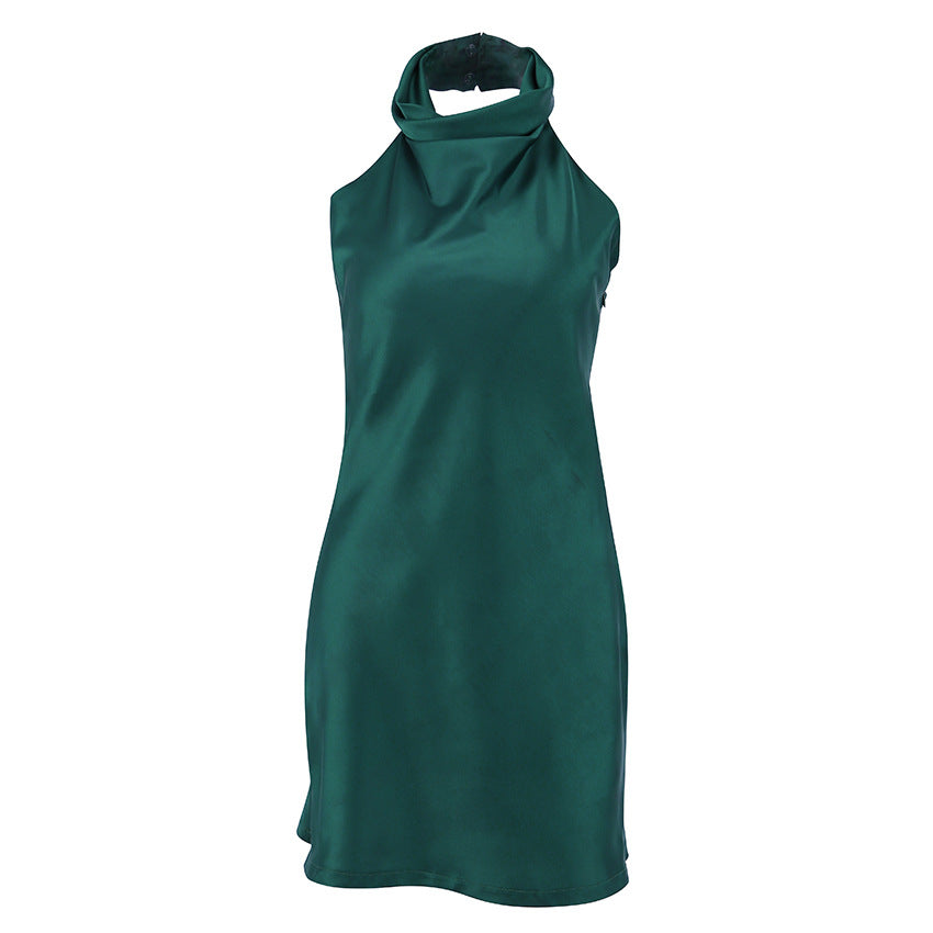 Satin Halter Sleeveless Dress-Green aclosy