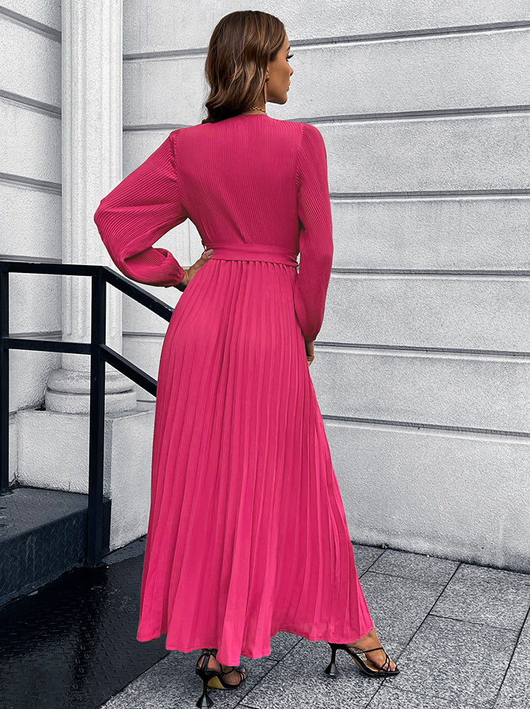 V-Neck Tie Waist Pleated Maxi Dress Trendsi