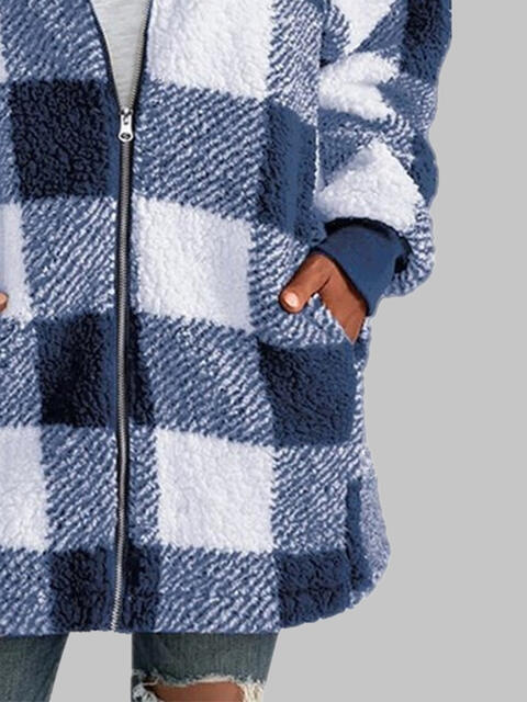 Plaid Zip-Up Hooded Jacket with Pockets Trendsi