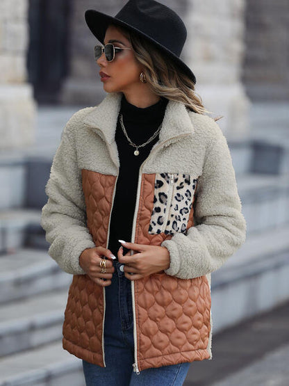 Leopard Color Block Zip-Up Jacket Trendsi
