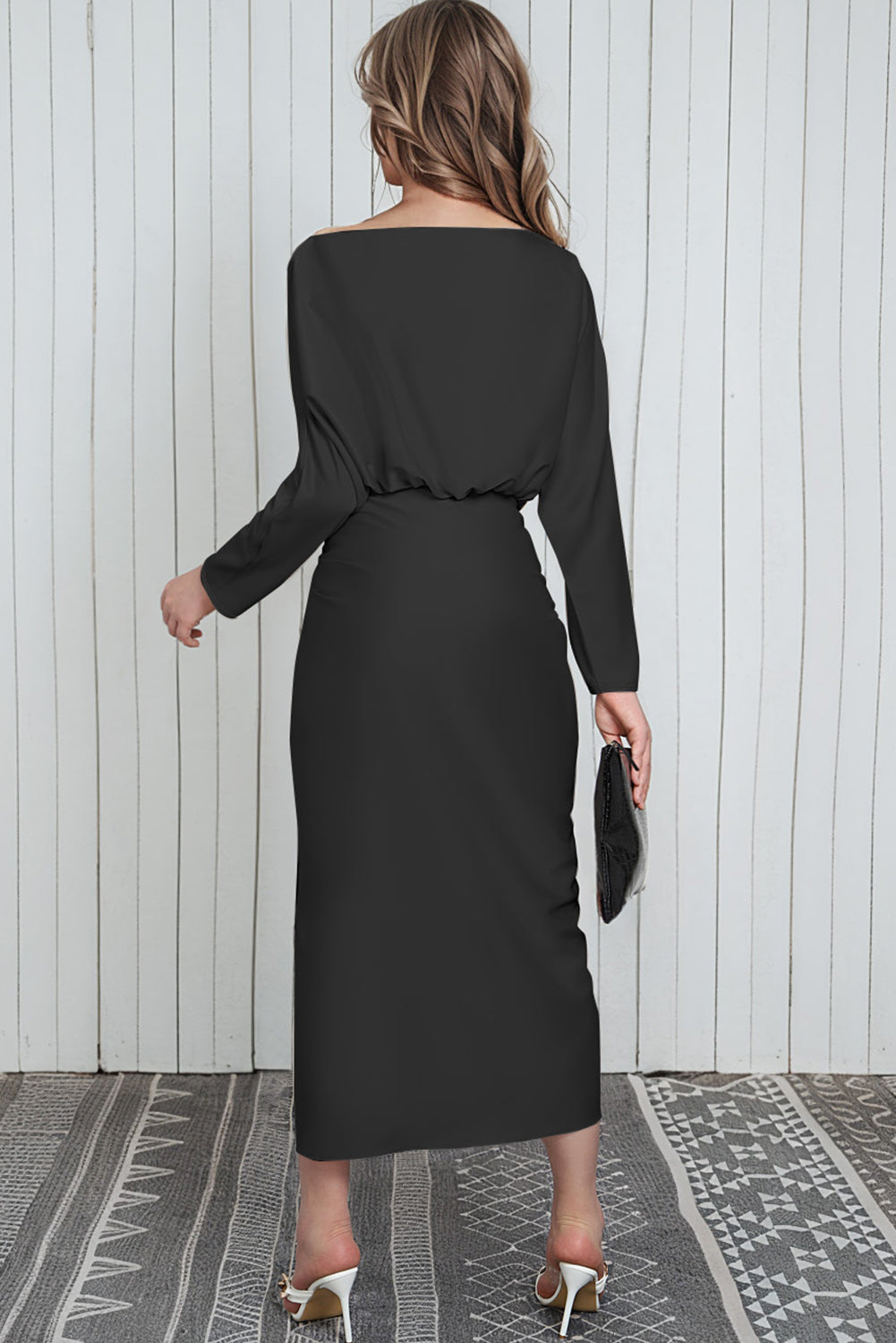 Boat Neck Long Sleeve Twisted Midi Dress Trendsi