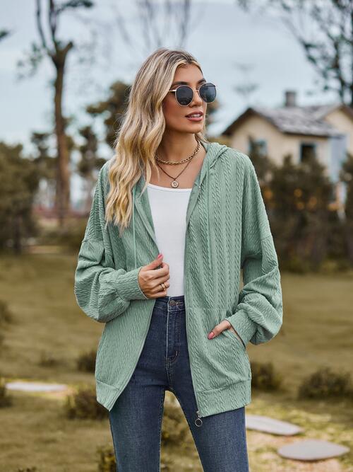 Zip Up Drawstring Long Sleeve Hooded Jacket Trendsi