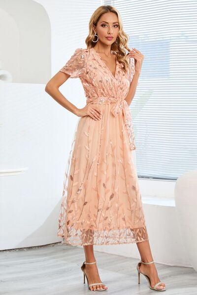 Sequin Leaf Embroidery Tie Front Short Sleeve Dress Trendsi