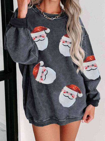 Sequin Santa Patch Ribbed Sweatshirt Trendsi