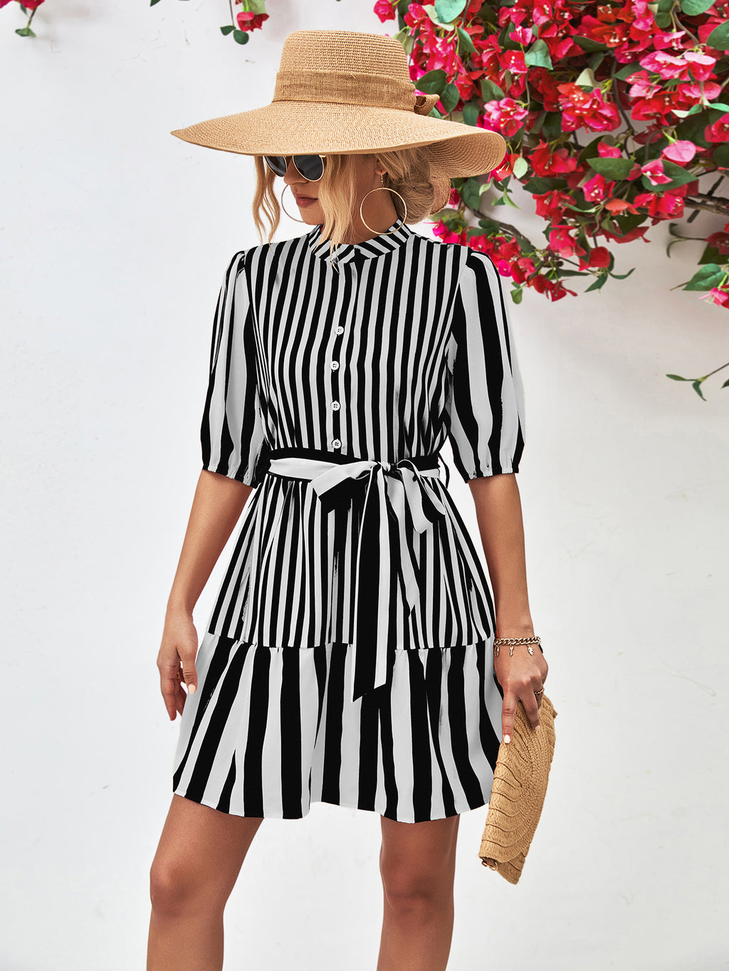 Striped Half Sleeve Tie Waist Mini Dress Trendsi