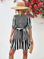 Striped Half Sleeve Tie Waist Mini Dress Trendsi