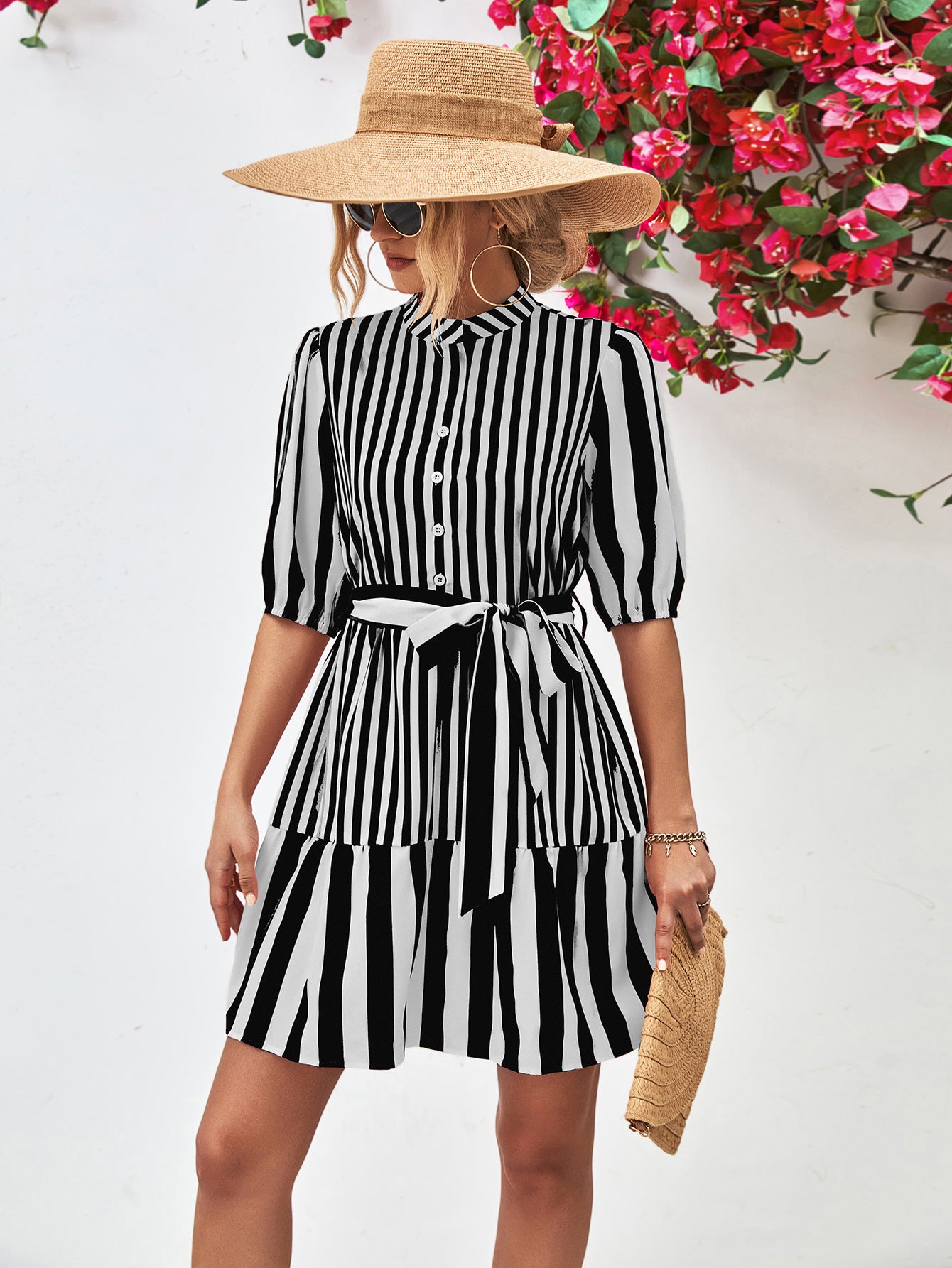 Striped Half Sleeve Tie Waist Mini Dress Trendsi