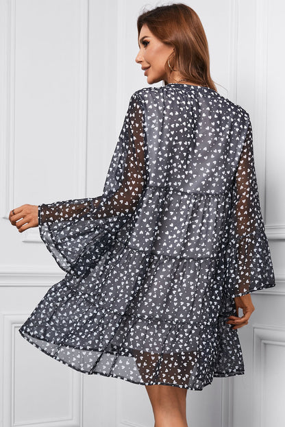 Printed Notched Neck Flare Sleeve Tiered Dress Trendsi