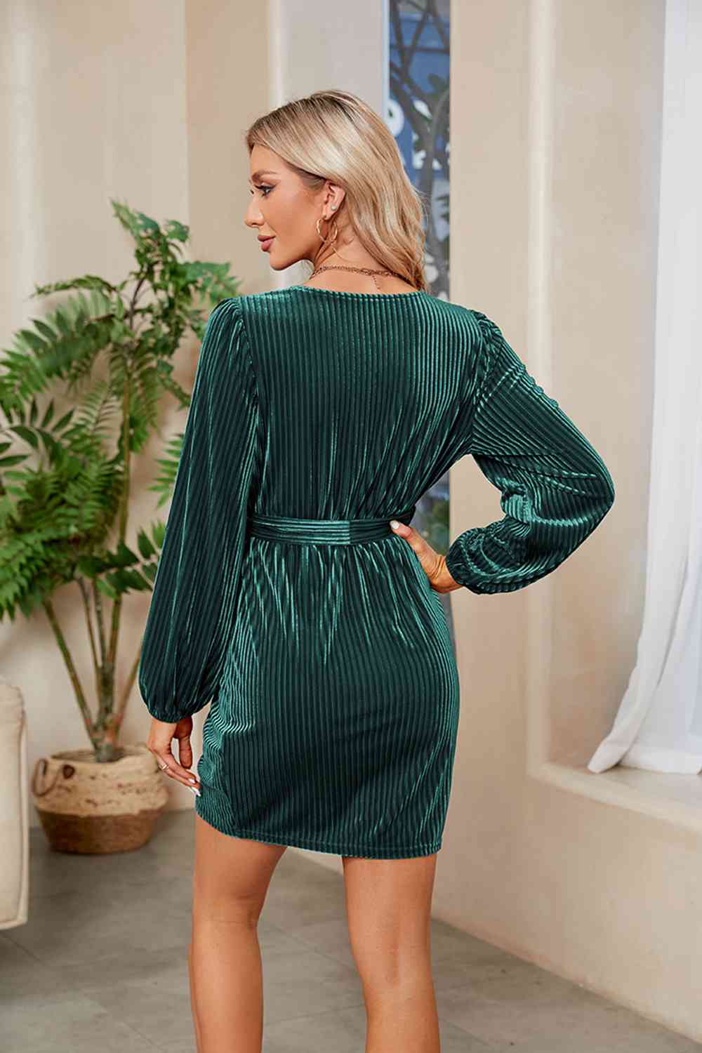 Ribbed Tie Front Mini Dress Trendsi