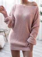 Rib-Knit Balloon Sleeve Boat Neck Sweater Dress Trendsi
