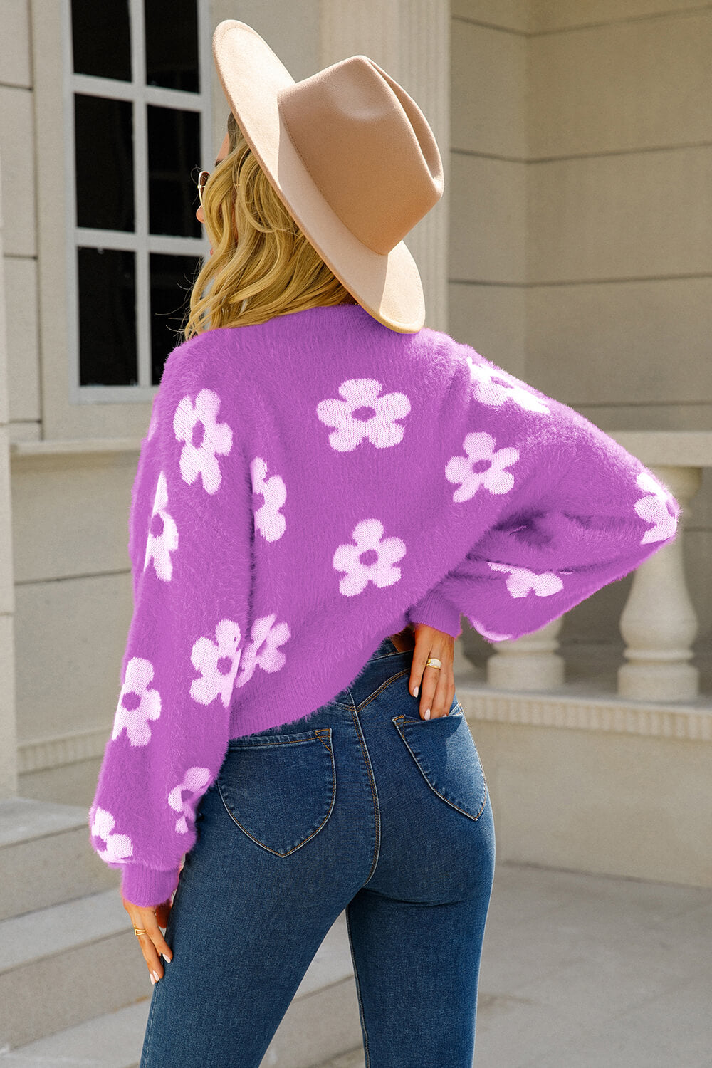 Floral Open Front Fuzzy Cardigan Trendsi