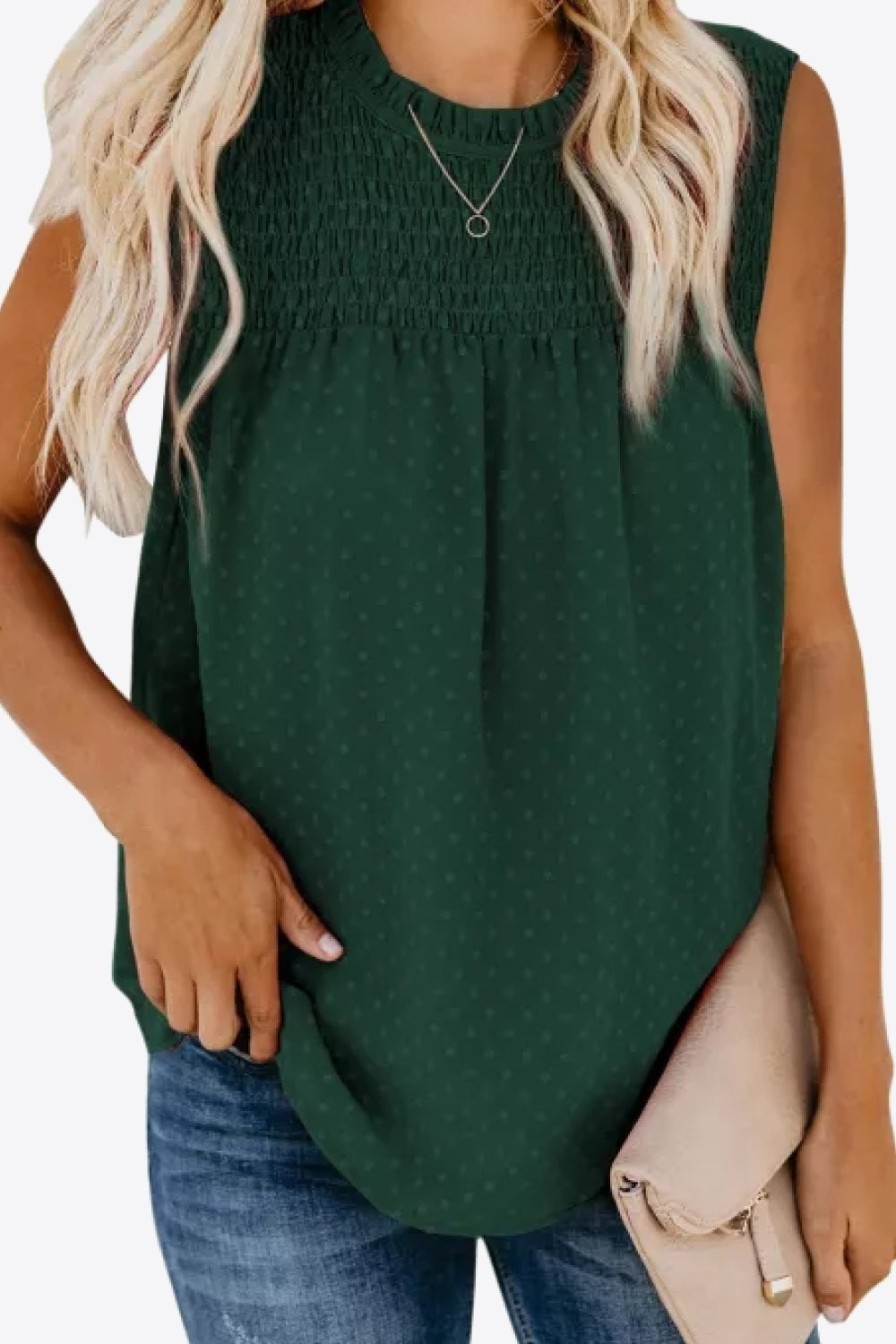 Smocked Tie Back Frill Trim Tank Trendsi