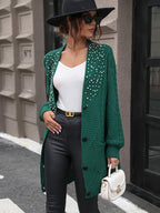 Pearl Detail Cable-Knit Button Up Cardigan Trendsi