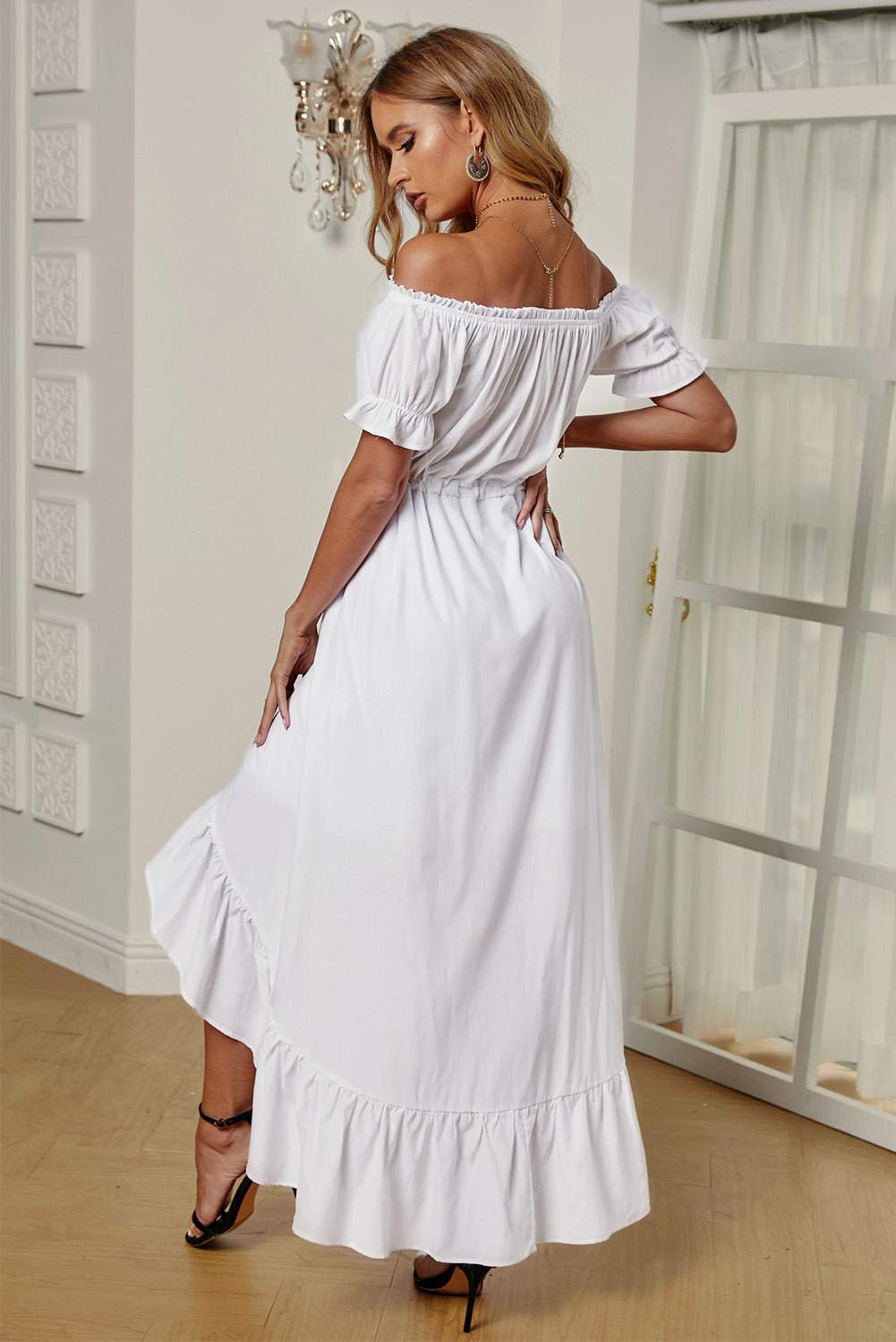 Off-Shoulder Drawstring Waist Ruffled High-Low Dress Trendsi