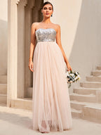 Sequin Strapless Spliced Tulle Dress Trendsi