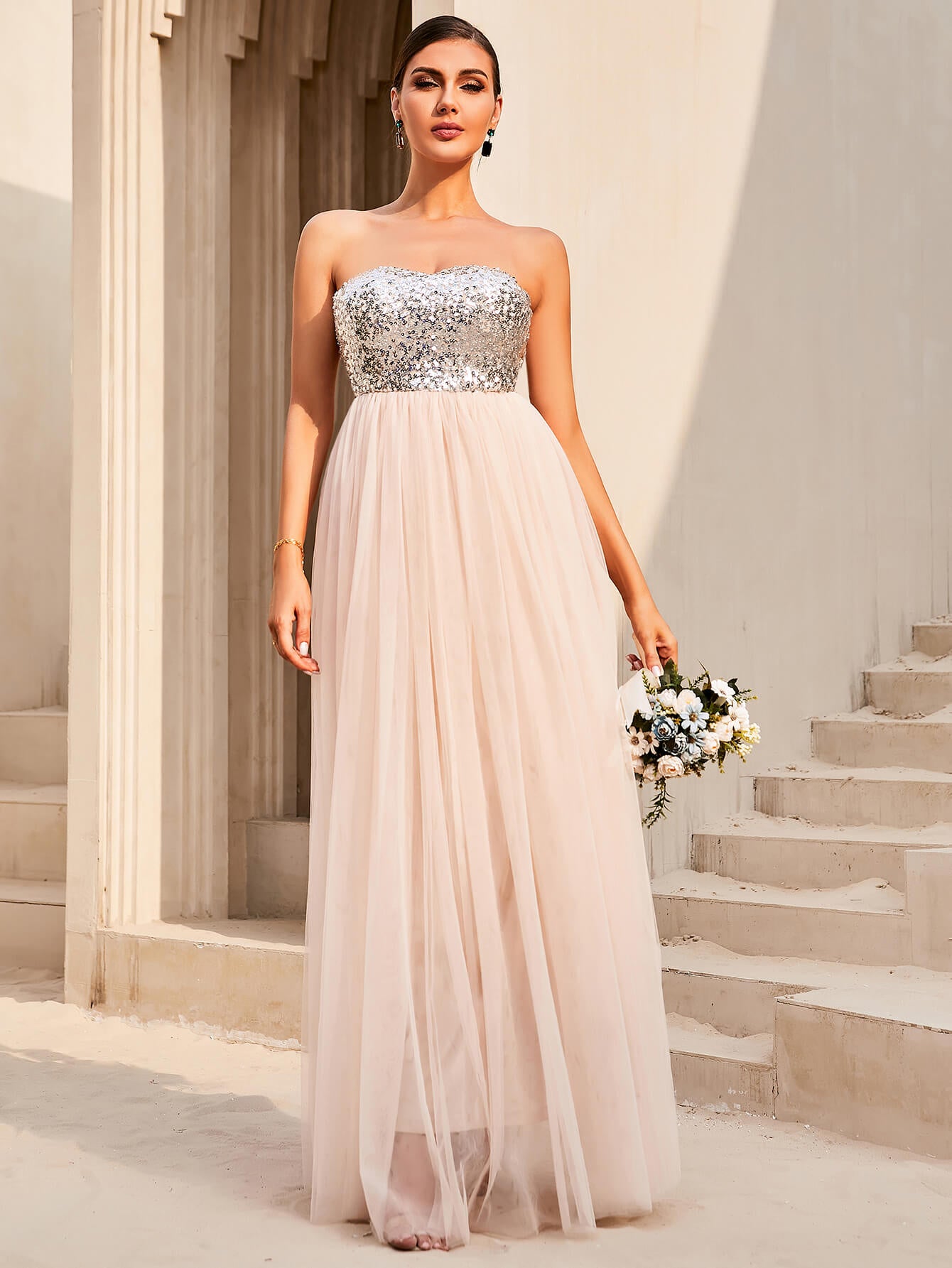 Sequin Strapless Spliced Tulle Dress Trendsi