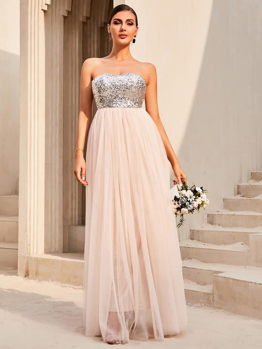 Sequin Strapless Spliced Tulle Dress Trendsi