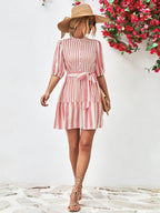 Striped Half Sleeve Tie Waist Mini Dress Trendsi