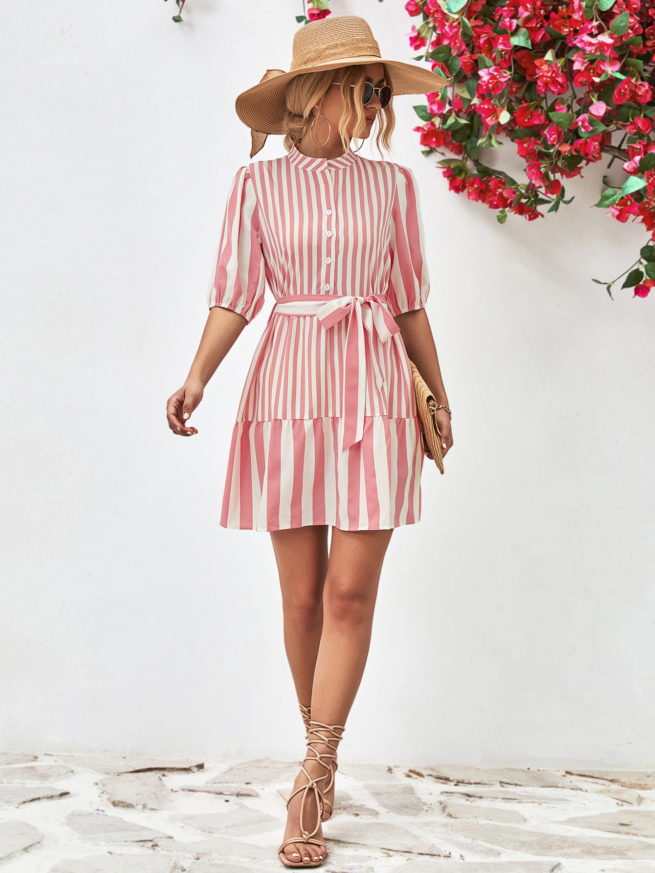 Striped Half Sleeve Tie Waist Mini Dress Trendsi