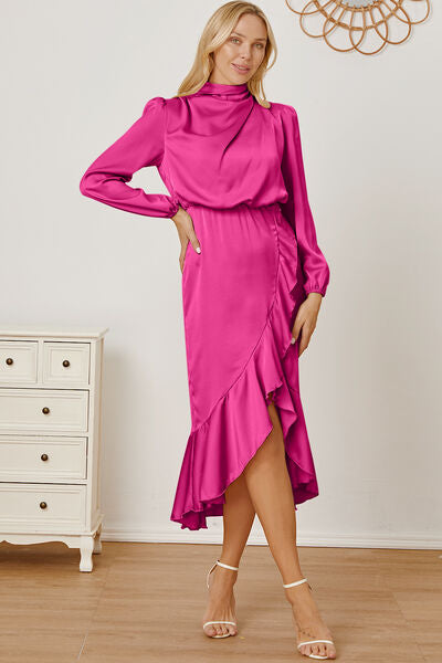 Mock Neck Ruffled Asymmetrical Dress Trendsi