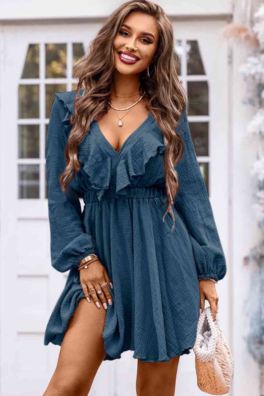 Ruffle Trim V-Neck Long Sleeve Mini Dress Trendsi