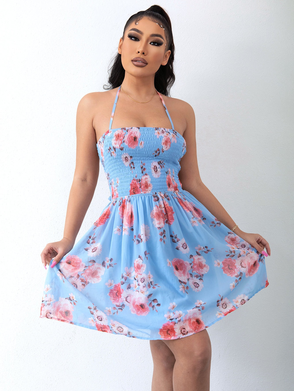 Floral Halter Neck Smocked Dress Trendsi