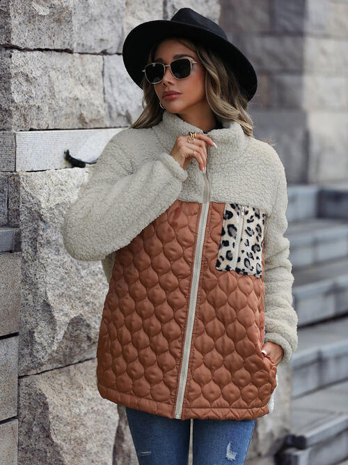 Leopard Color Block Zip-Up Jacket Trendsi