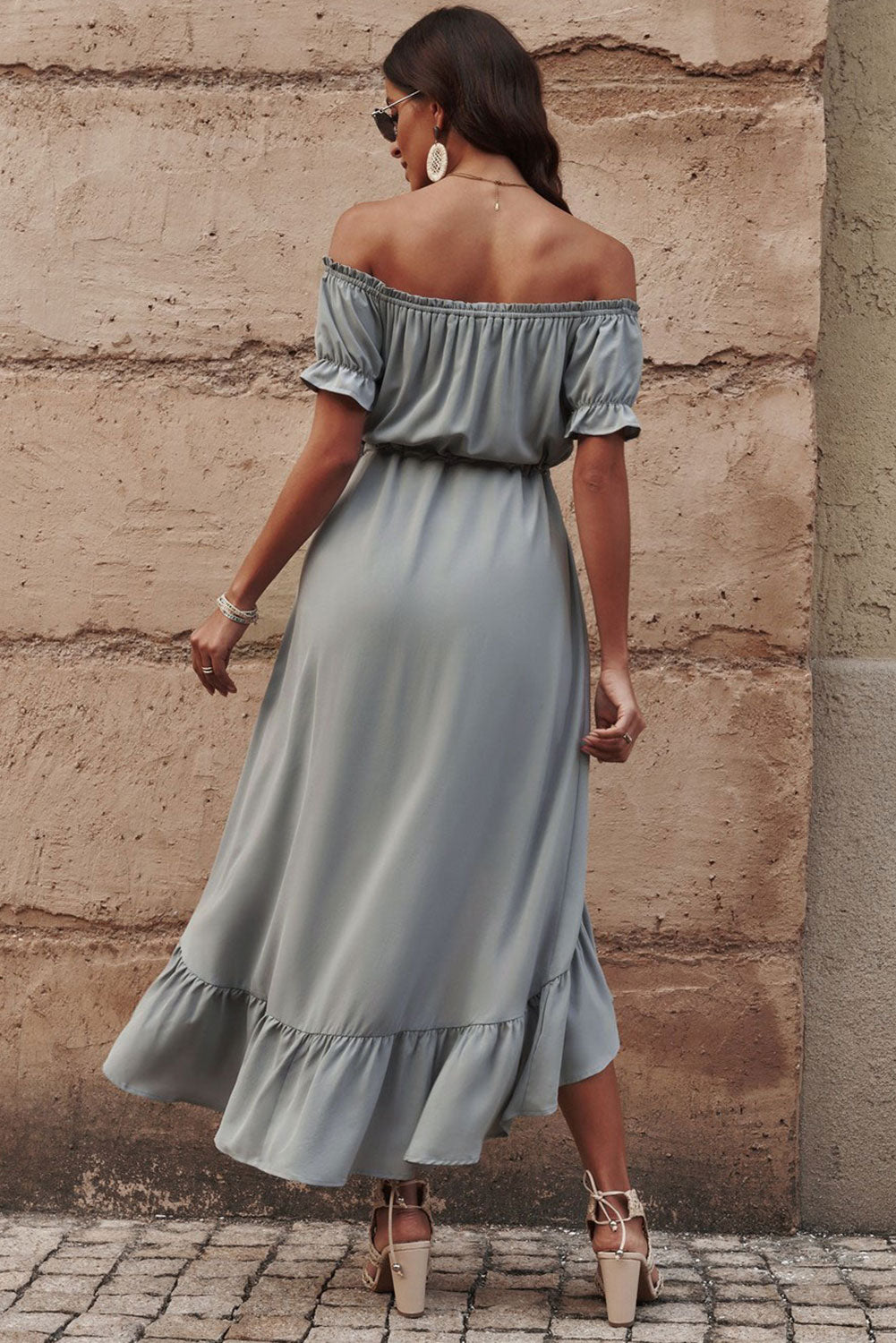 Off-Shoulder Drawstring Waist Ruffled High-Low Dress Trendsi