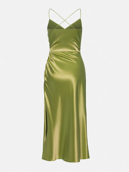 Satin V-neck Side Gathered Dress-Green aclosy