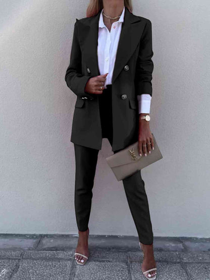Lapel Collar Long Sleeve Blazer and Pants Set Trendsi