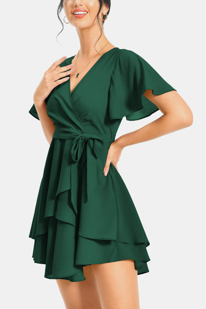 Surplice Neck Flutter Sleeve Dress Trendsi