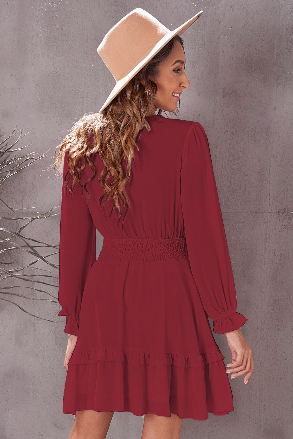 Tied Plunge Smocked Waist Flounce Sleeve Dress Trendsi