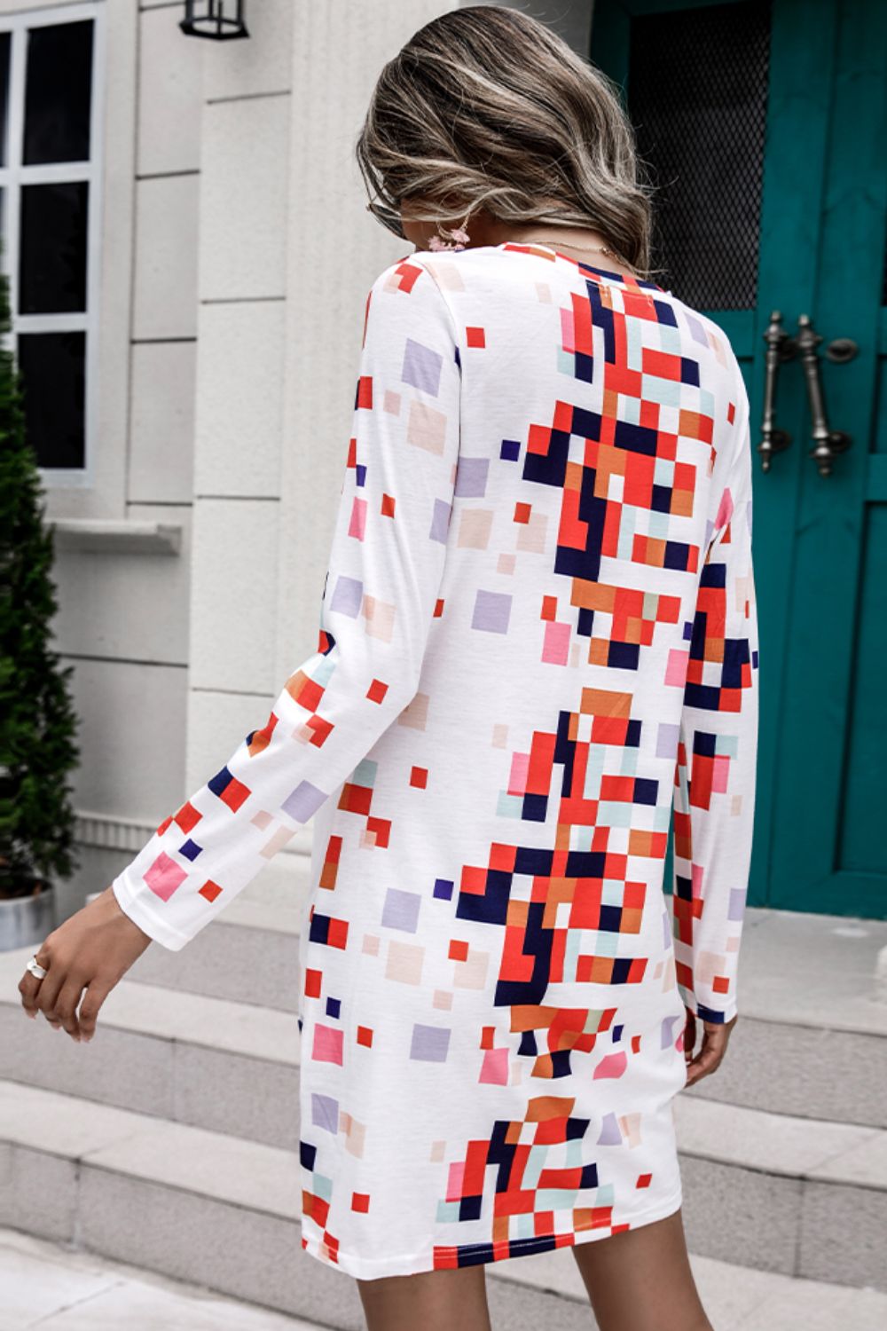 Rainbow Checker Twisted Long Sleeve Dress Trendsi