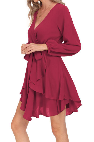 Tied Surplice Balloon Sleeve Layered Dress Trendsi