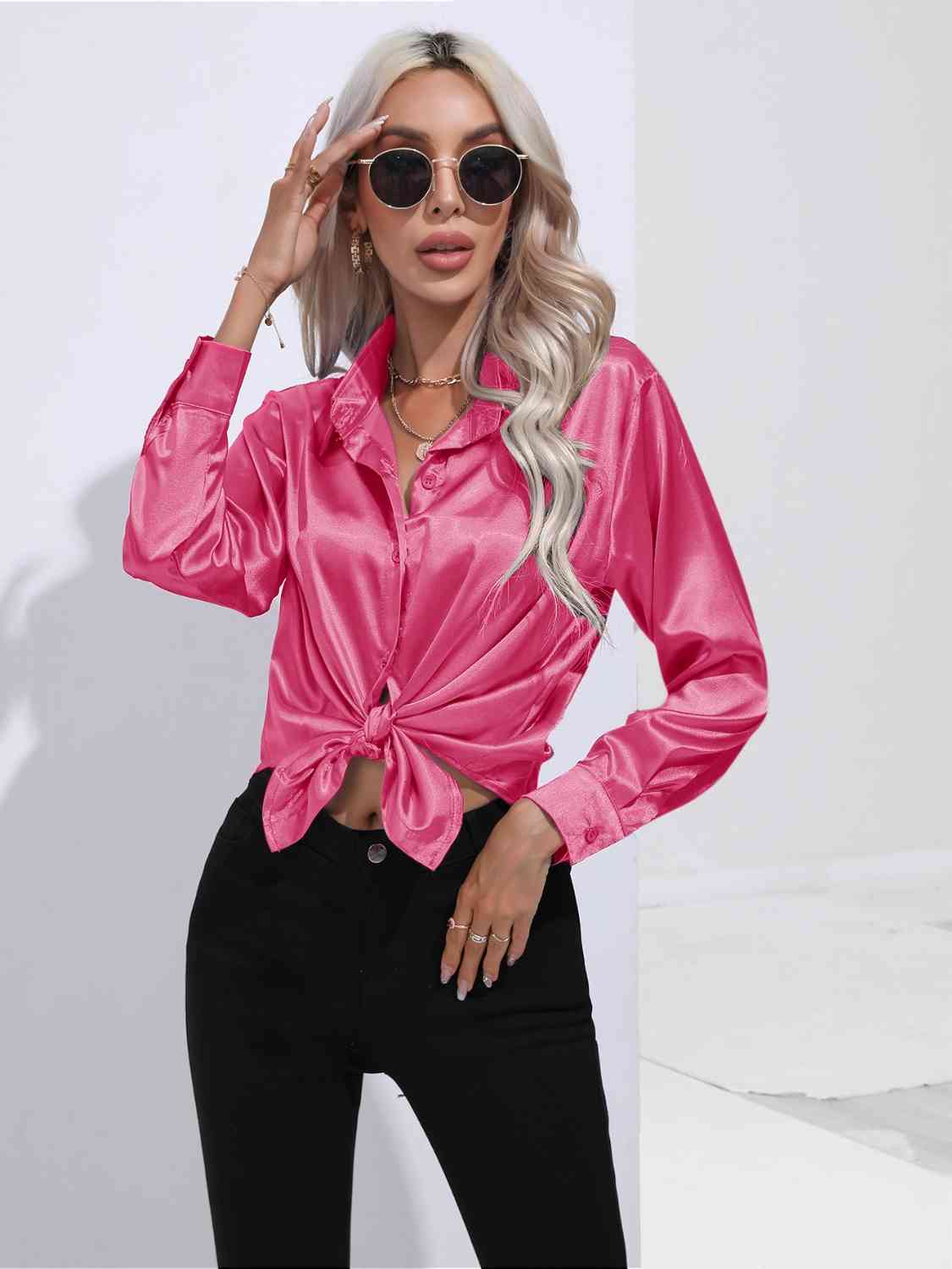 Collared Neck Buttoned Long Sleeve Shirt Trendsi