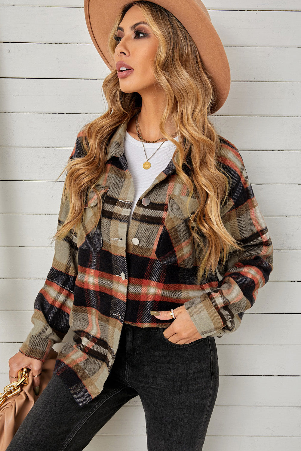 Plaid Pocketed Button Down Shacket Trendsi