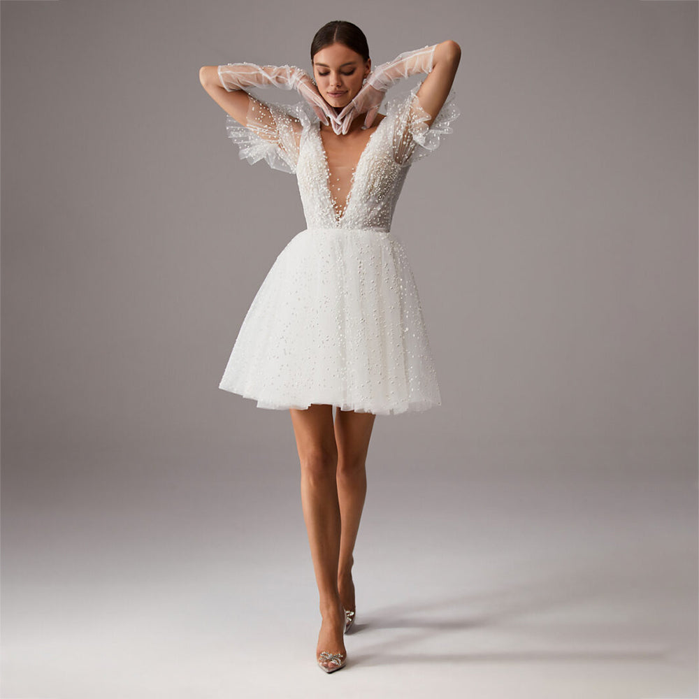 V-Neck Wedding Dress A-Line Short Sleeves Tulle aclosy