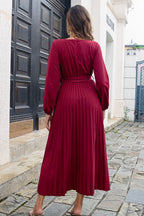 Pleated Long Sleeve Surplice Maxi Dress Trendsi