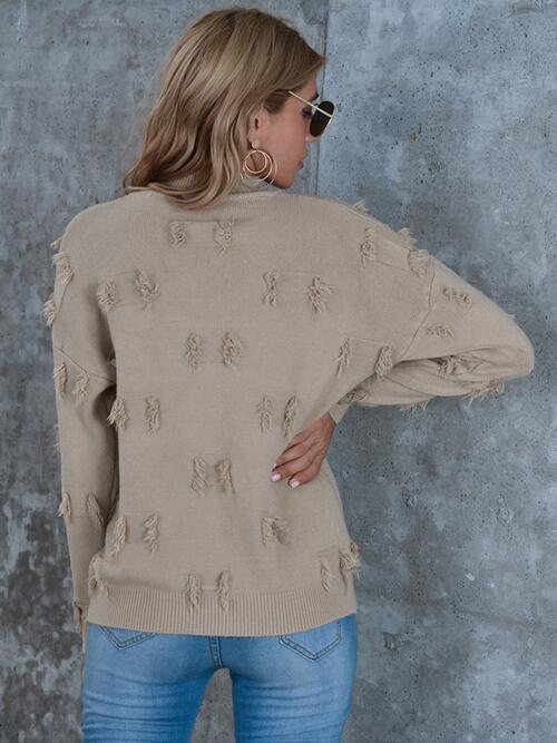 Fringe Detail Long Sleeve Mock Neck Sweater Trendsi