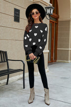 Heart Pattern Lantern Sleeve Round Neck Tunic Sweater Trendsi