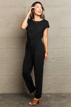Boat Neck Short Sleeve Jumpsuit with Pockets Trendsi