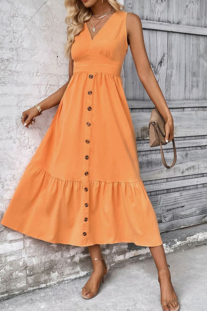 V-Neck Open Back Decorative Button Dress Trendsi